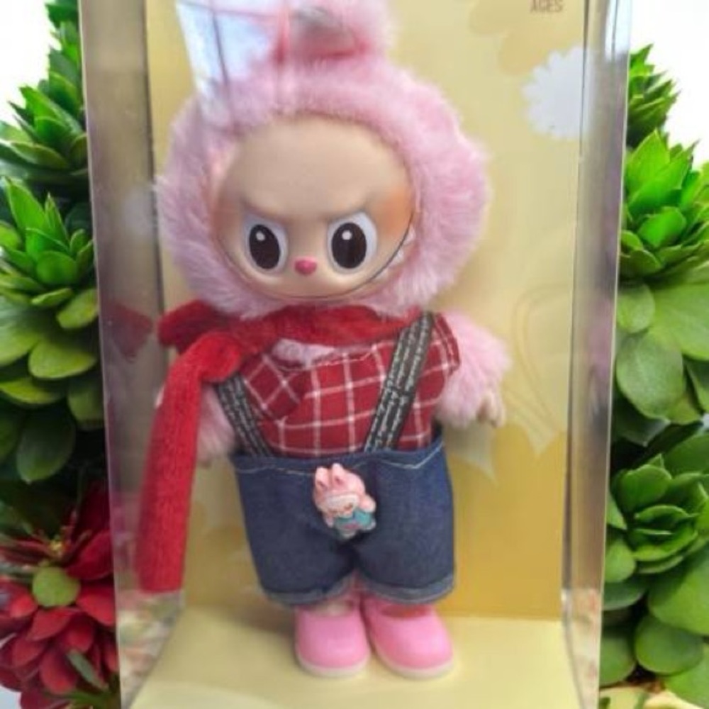 Labubu Cute Pink Plush Doll with Denim Overalls